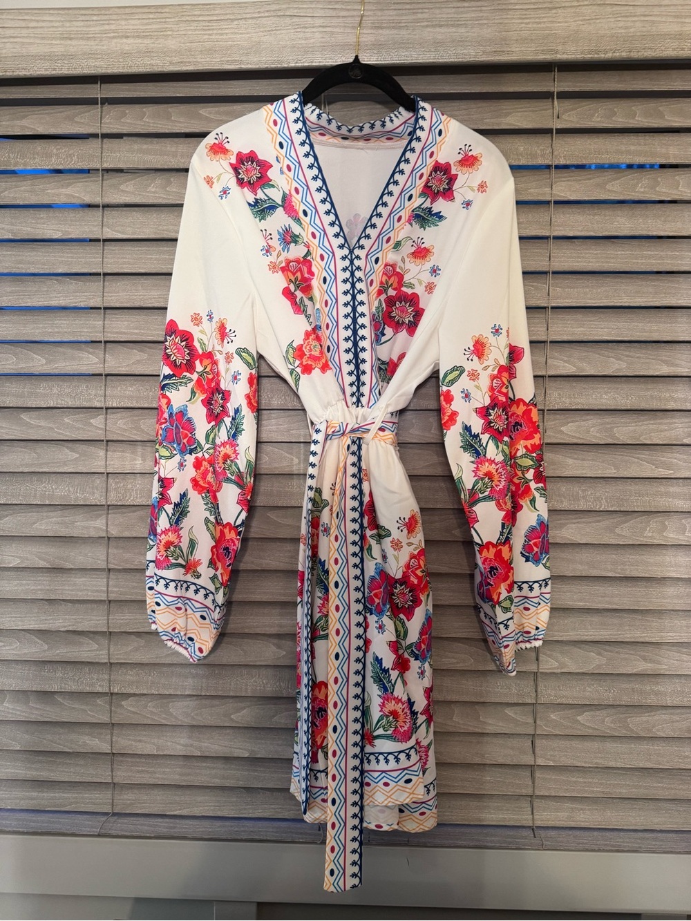 Sunday White Floral Embroidered Long Sleeve Wrap Dress with Pink & Blue Accents